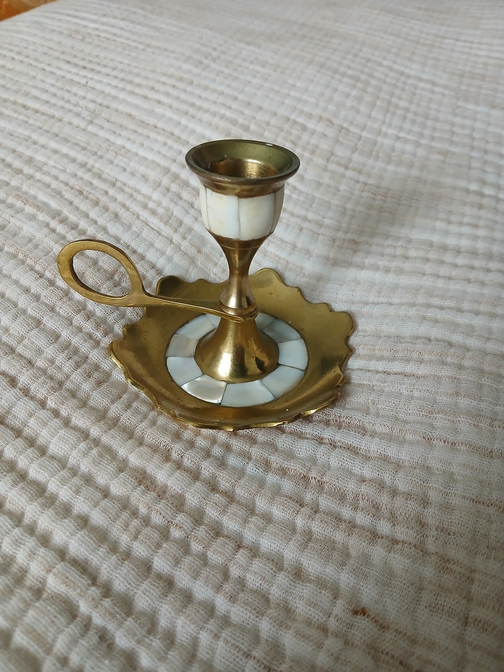 Brass and White Inlay Chamberstick Candle Holder